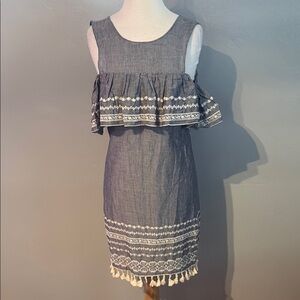 Mi Ami Cold Shoulder Dress Blue Ruffle Tassel Hem Small